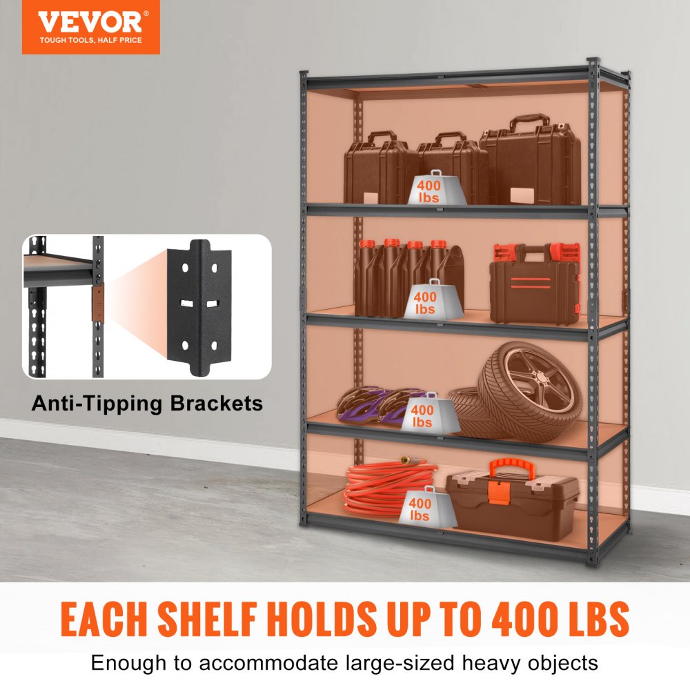 Storage Shelving Unit, 5-Tier Adjustable, 2000 lbs Capacity, Heavy Duty Garage Shelves Metal Organizer Utility Rack, Black, 18" D x 48" W x 72" H for Kitchen Pantry Basement Bathroom Laundry