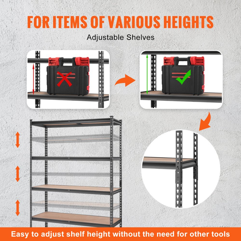Storage Shelving Unit, 5-Tier Adjustable, 2000 lbs Capacity, Heavy Duty Garage Shelves Metal Organizer Utility Rack, Black, 18" D x 48" W x 72" H for Kitchen Pantry Basement Bathroom Laundry