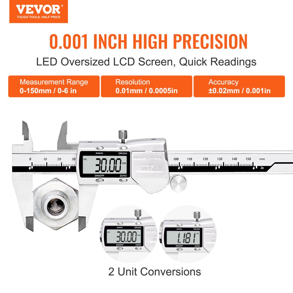 Digital Caliper, 0-6" Calipers Measuring Tool, Electronic Micrometer Caliper w/ ABS Oringinal Zero Function, Large LCD Screen & 4 Measurement Modes, Inch & mm Conversion, Extra 2 Batteries