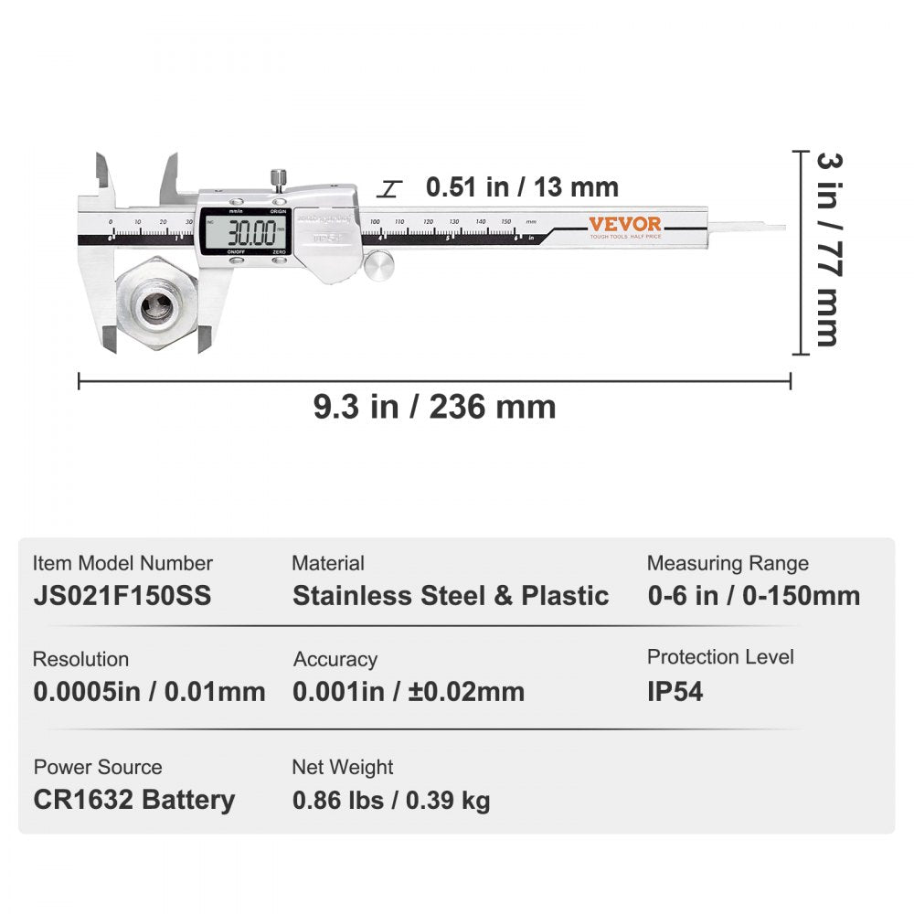 Digital Caliper, 0-6" Calipers Measuring Tool, Electronic Micrometer Caliper w/ ABS Oringinal Zero Function, Large LCD Screen & 4 Measurement Modes, Inch & mm Conversion, Extra 2 Batteries