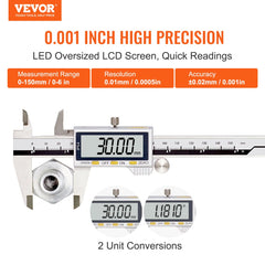 Digital Caliper, Calipers Measuring Tool 0-6", Electronic Micrometer Caliper with Large LCD Screen, IP54 Waterproof & 4 Measurement Modes, Inch and Millimeter Conversion, Two Batteries Included