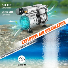 Aerator, 550W Power 5.2CFM for Up to 3 Acre 50` Includes 3/4 HP Compressor & Timer & Valves, Air Compressor for Deep Water Oxygen Circulation, for Pond, Lake, No Diffuser, Black