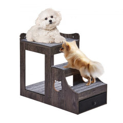 Gray pet bunk bed with stairs, storage drawer, and removable carpet fabric mattresses.