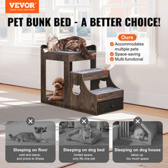 Gray pet bunk bed with stairs, storage drawer, and removable carpet fabric mattresses.