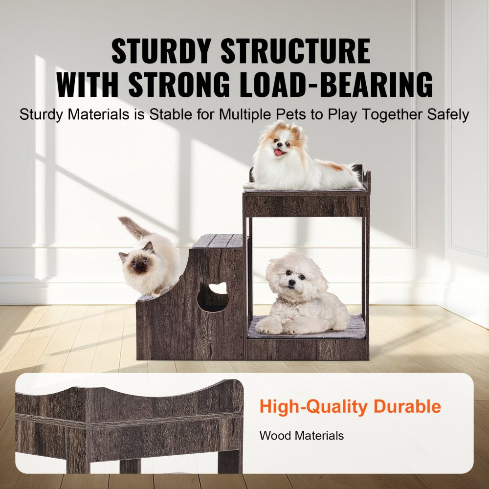 Gray pet bunk bed with stairs, storage drawer, and removable carpet mattresses.