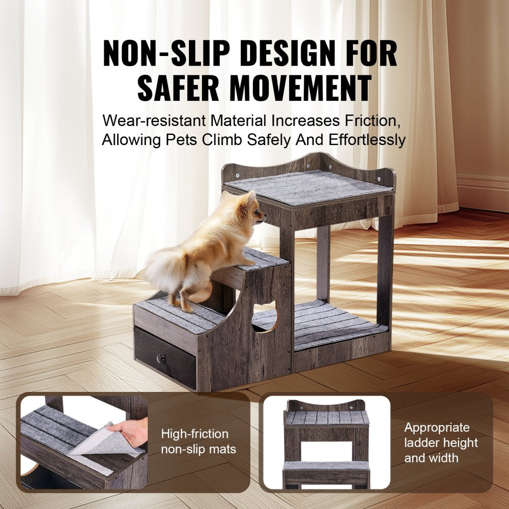 Gray pet bunk bed with stairs, storage drawer, and removable carpet fabric mattresses.