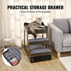 Gray pet bunk bed with stairs, storage drawer, and removable carpet fabric mattresses.