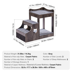 Gray pet bunk bed with stairs, storage drawer, and removable carpet fabric mattresses.