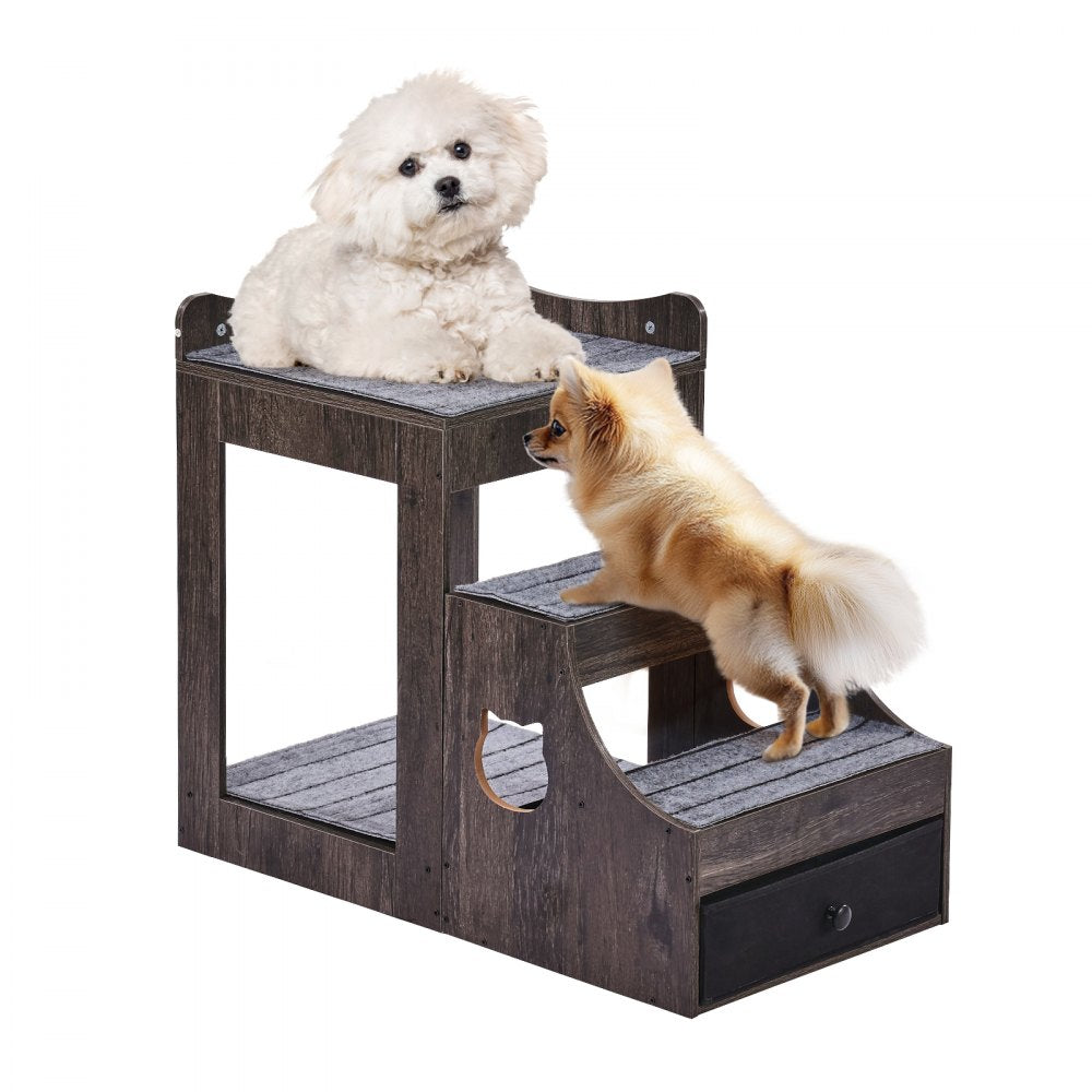 Gray pet bunk bed with stairs, storage drawer, and removable carpet fabric mattresses.