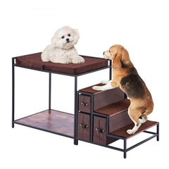 Double-decker pet bunk bed with stairs, storage drawers, and a window perch for dogs or cats.