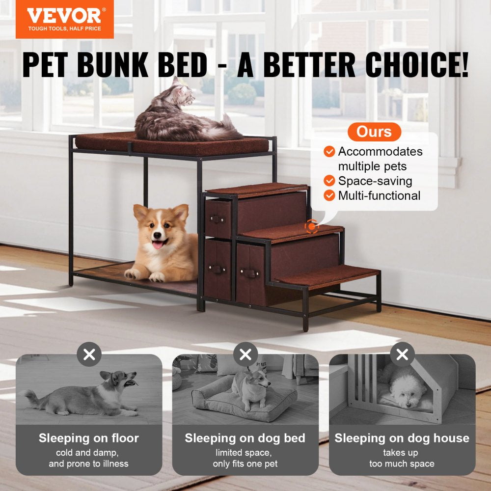 Double-decker pet bunk bed with stairs, storage drawers, and non-slip mats for safety.
