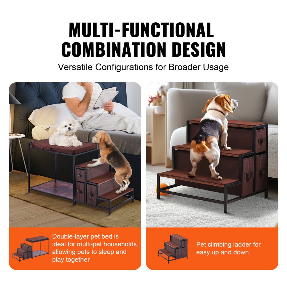 Double-decker pet bunk bed with stairs, storage drawers, and non-slip mats for safety.