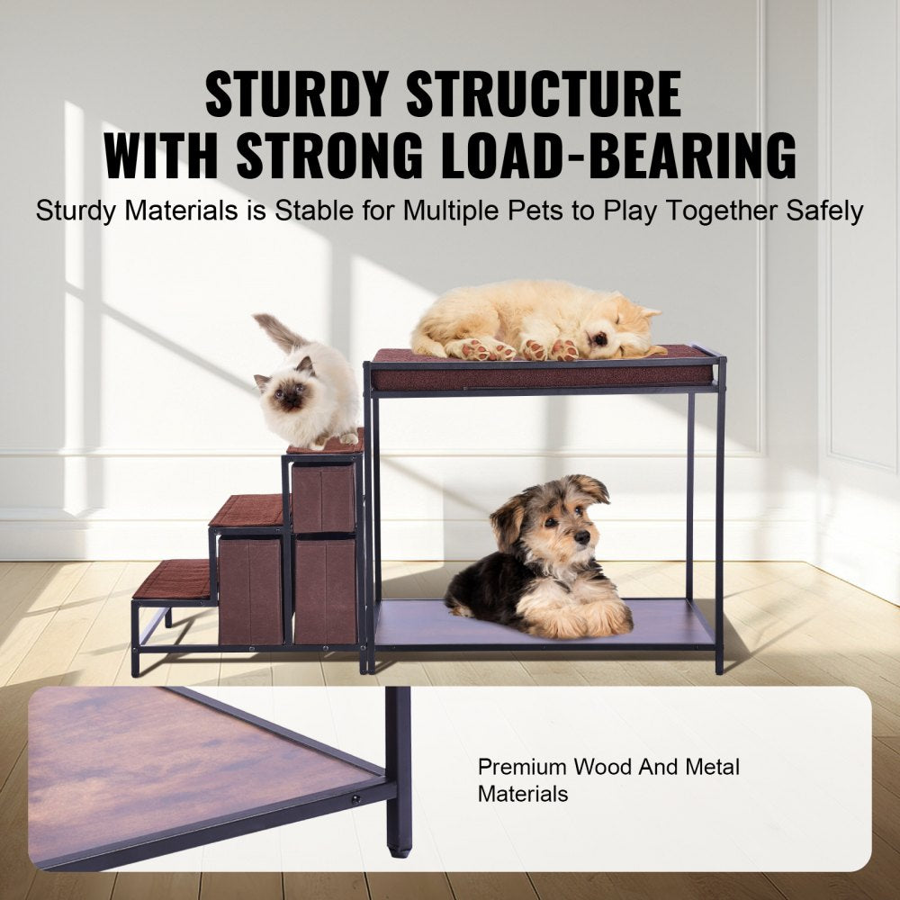 Double-decker pet bunk bed with stairs, storage drawers, and non-slip mats for safety.
