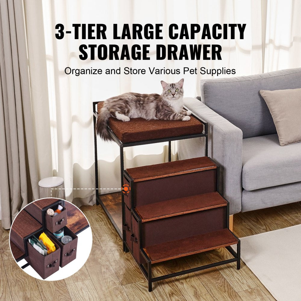 Double-decker pet bunk bed with stairs and storage drawers for dogs and cats.