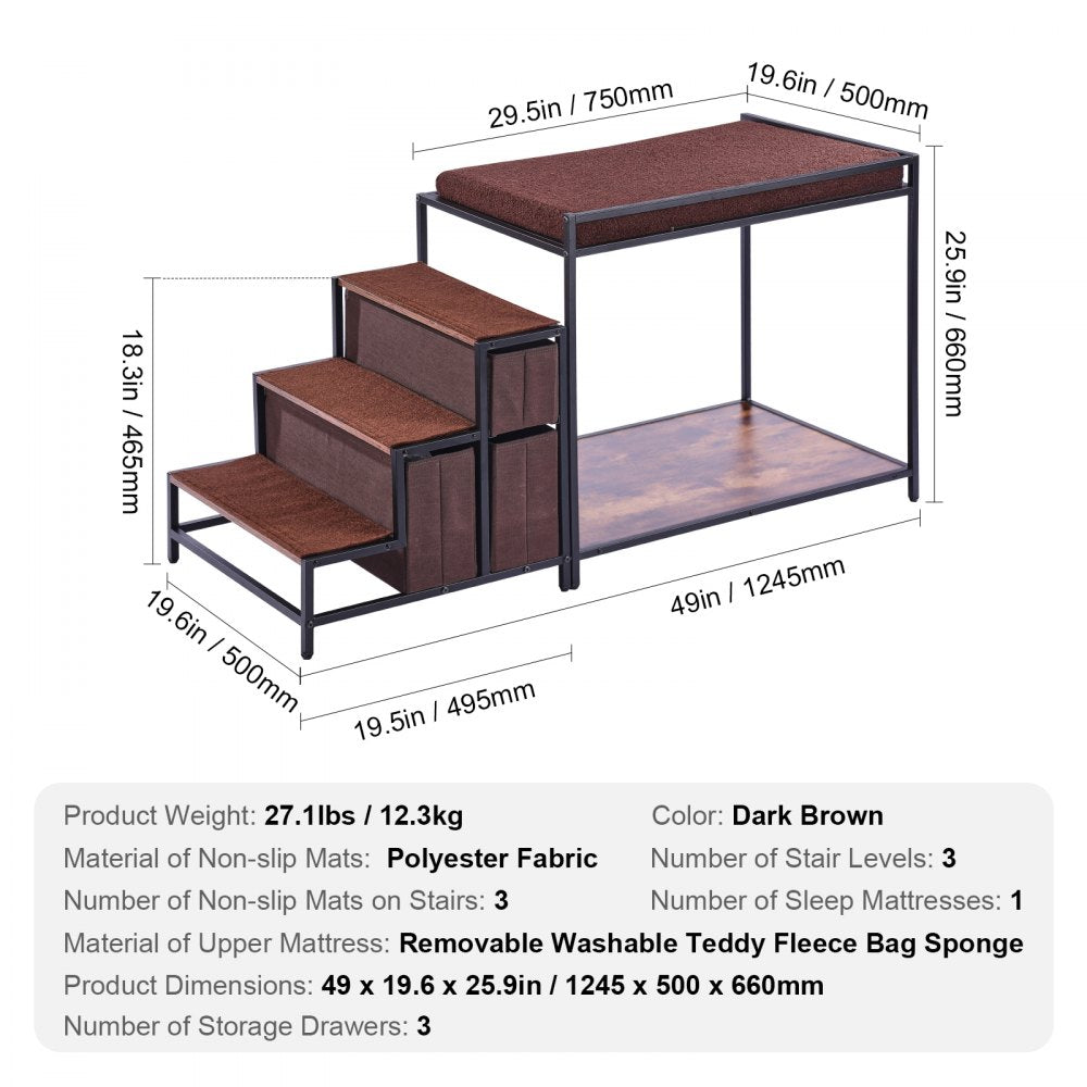 Double-decker pet bunk bed with stairs, storage drawers, and non-slip mats for safety.