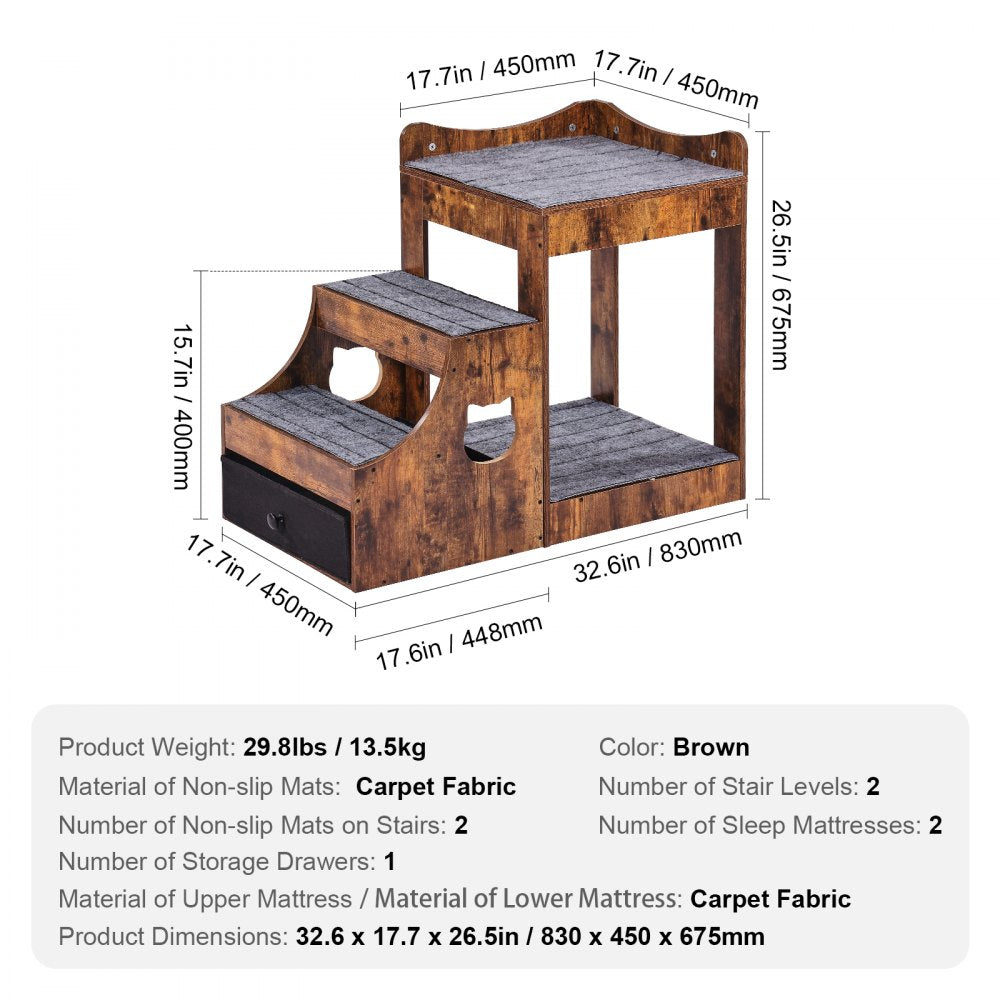 Pet Bunk Bed with Stairs Dog/Cat Window Perch with Storage Indoor Brown