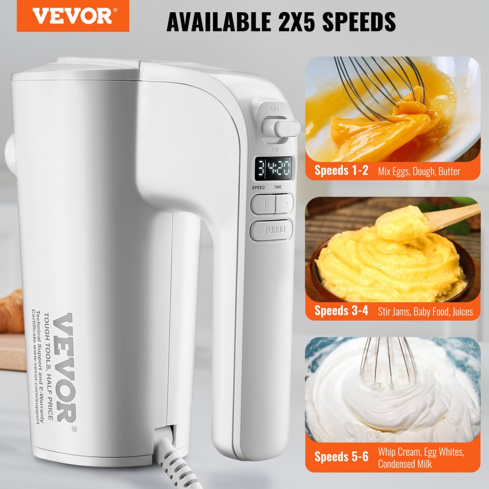 Digital Electric Hand Mixer, 5-Speed, 200W Portable Electric Handheld Mixer, with Turbo Boost Beaters Dough Hooks Whisks Storage Bag, Baking Supplies for Whipping Mixing Egg Cookie Cake Cream