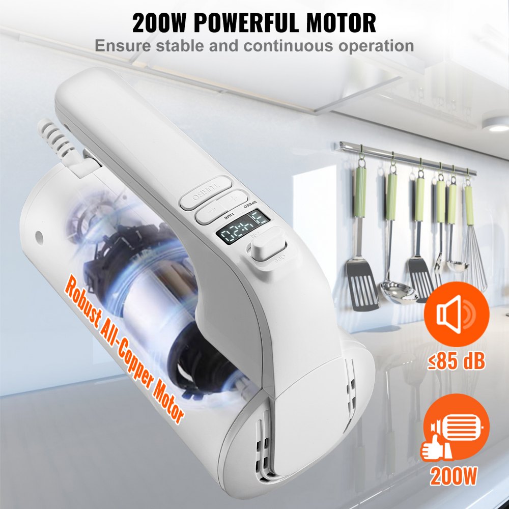 Digital Electric Hand Mixer, 5-Speed, 200W Portable Electric Handheld Mixer, with Turbo Boost Beaters Dough Hooks Whisks Storage Bag, Baking Supplies for Whipping Mixing Egg Cookie Cake Cream