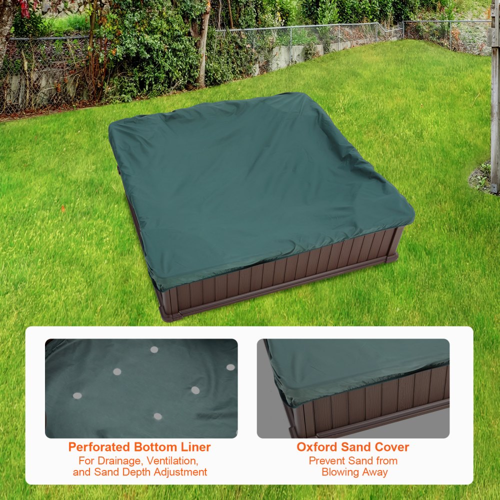 Sandbox with Cover, 48.6x48.6x12.4 in Square Sand Box, HDPE Sand Pit with 4 Corner Seating and Bottom Liner, Kids Sandbox for Outdoor Backyard, Beach, Park, Gift for Boys Girls Ages 3-12, Brown