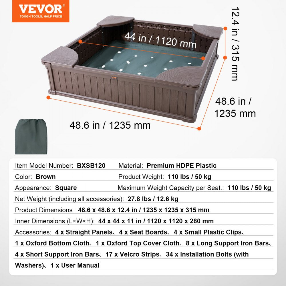 Sandbox with Cover, 48.6x48.6x12.4 in Square Sand Box, HDPE Sand Pit with 4 Corner Seating and Bottom Liner, Kids Sandbox for Outdoor Backyard, Beach, Park, Gift for Boys Girls Ages 3-12, Brown