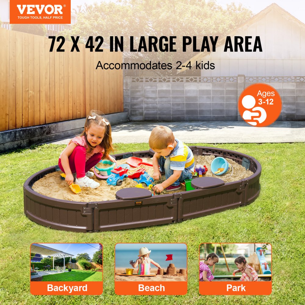 Sandbox with Cover, 72 x 41.5 x 9.1 in Oval Sand Box, HDPE Sand Pit with 4 Corner Seating and Bottom Liner, Kids Sandbox for Outdoor Backyard, Beach, Park, Gift for Boys Girls Ages 3-12, Brown