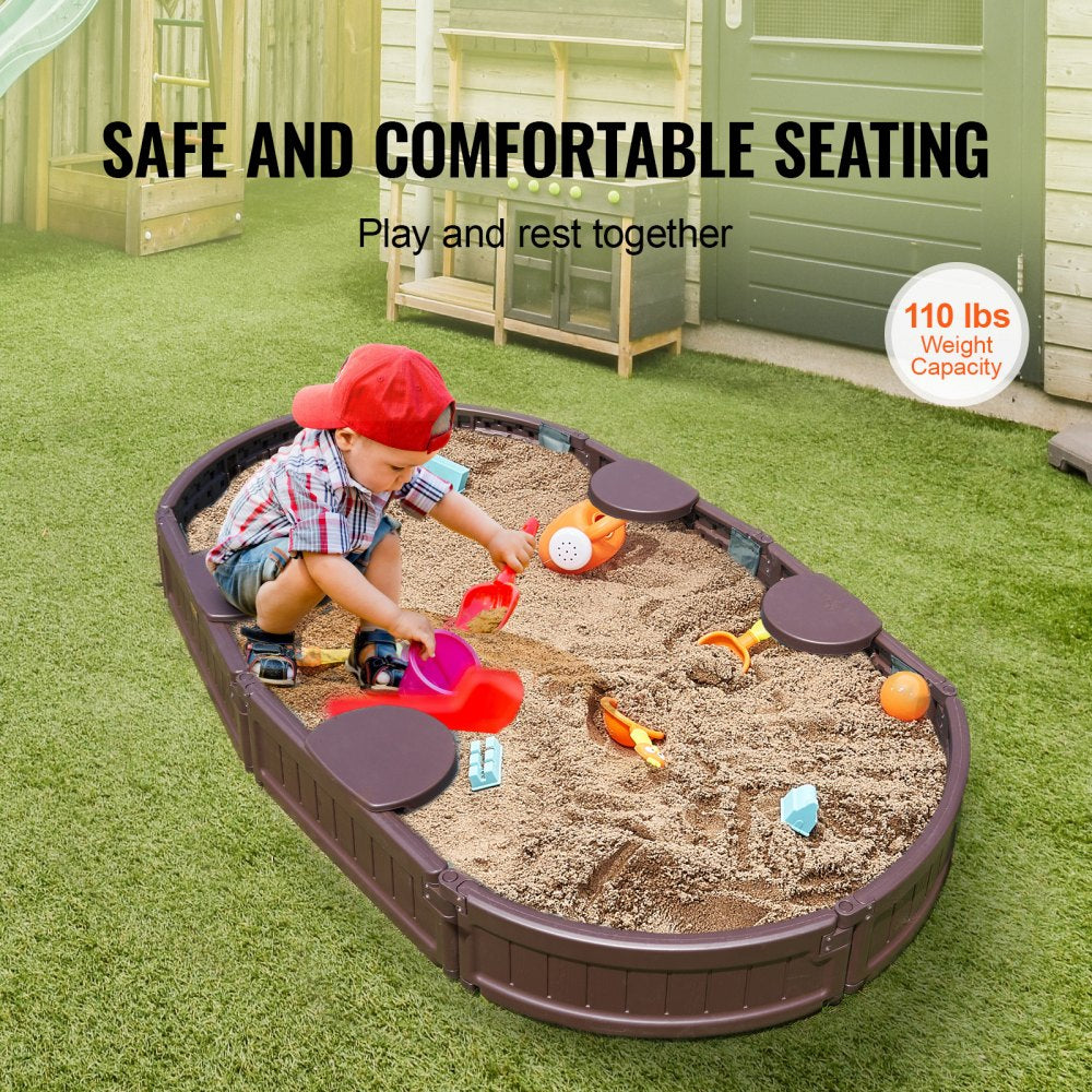 Sandbox with Cover, 72 x 41.5 x 9.1 in Oval Sand Box, HDPE Sand Pit with 4 Corner Seating and Bottom Liner, Kids Sandbox for Outdoor Backyard, Beach, Park, Gift for Boys Girls Ages 3-12, Brown