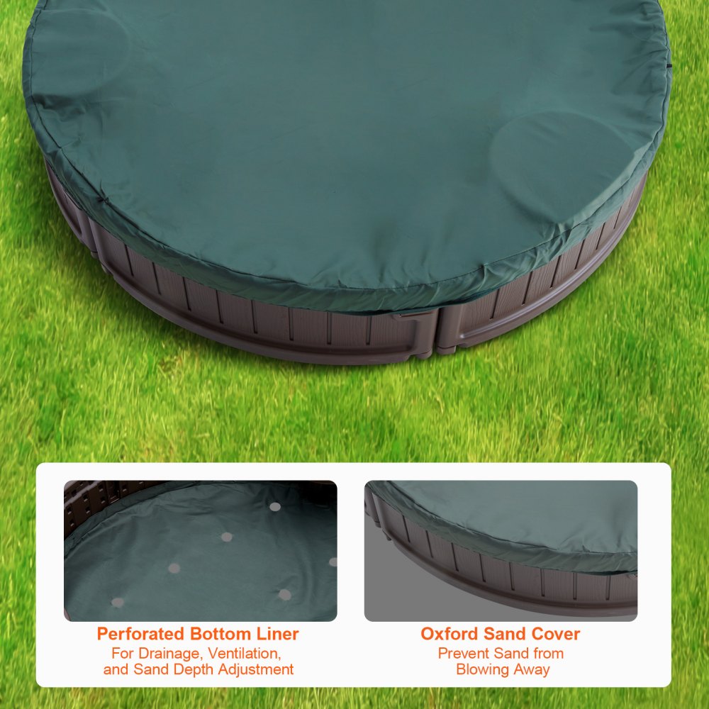 Sandbox with Cover, 72 x 41.5 x 9.1 in Oval Sand Box, HDPE Sand Pit with 4 Corner Seating and Bottom Liner, Kids Sandbox for Outdoor Backyard, Beach, Park, Gift for Boys Girls Ages 3-12, Brown