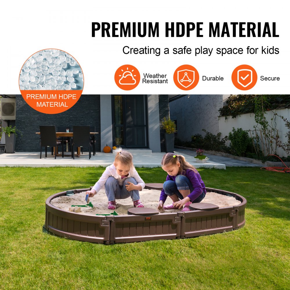 Sandbox with Cover, 72 x 41.5 x 9.1 in Oval Sand Box, HDPE Sand Pit with 4 Corner Seating and Bottom Liner, Kids Sandbox for Outdoor Backyard, Beach, Park, Gift for Boys Girls Ages 3-12, Brown