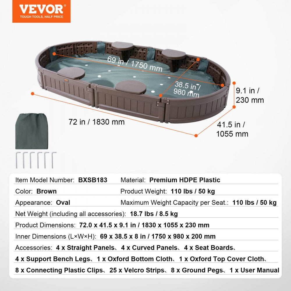 Sandbox with Cover, 72 x 41.5 x 9.1 in Oval Sand Box, HDPE Sand Pit with 4 Corner Seating and Bottom Liner, Kids Sandbox for Outdoor Backyard, Beach, Park, Gift for Boys Girls Ages 3-12, Brown