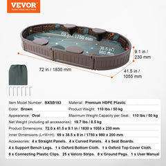 Sandbox with Cover, 72 x 41.5 x 9.1 in Oval Sand Box, HDPE Sand Pit with 4 Corner Seating and Bottom Liner, Kids Sandbox for Outdoor Backyard, Beach, Park, Gift for Boys Girls Ages 3-12, Brown