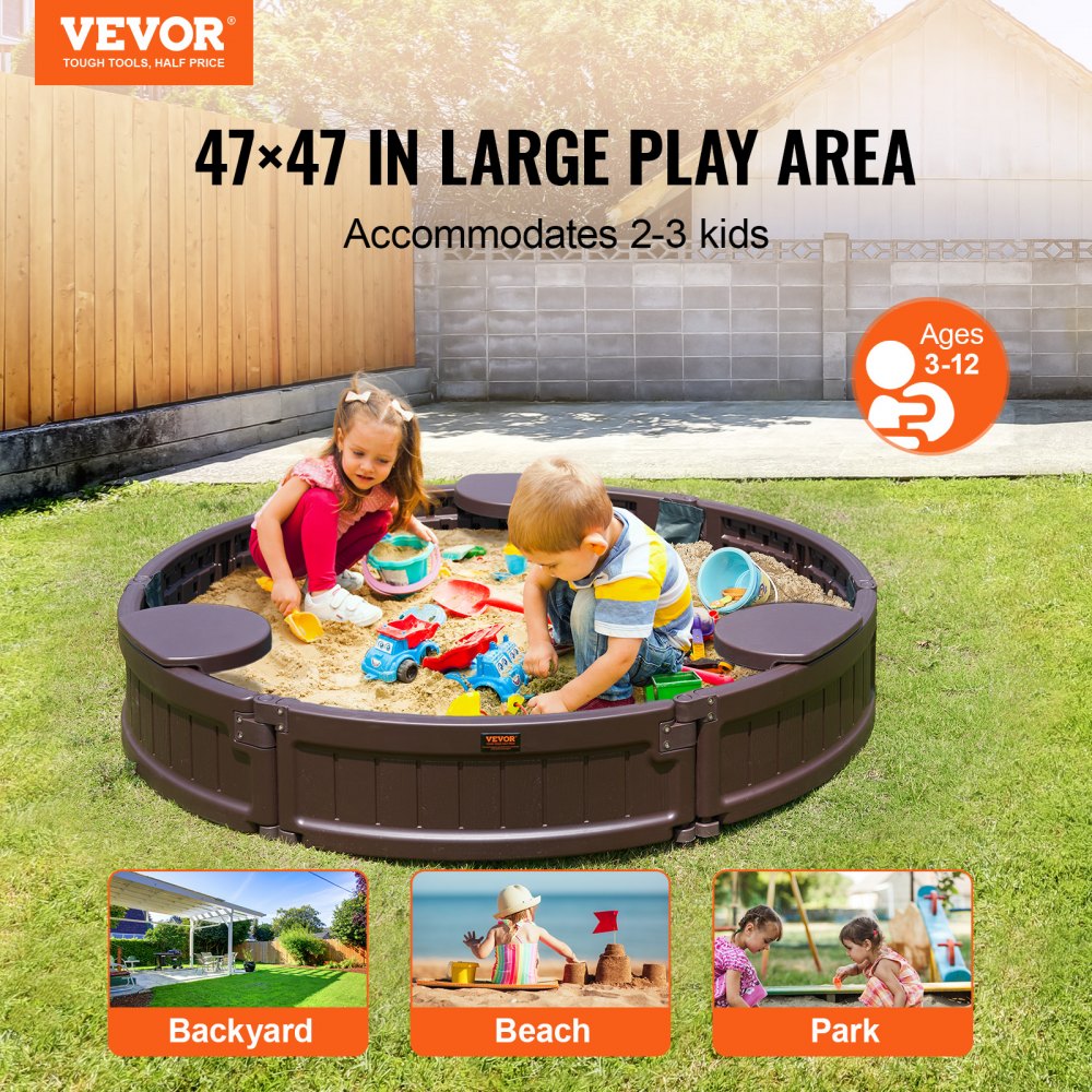 Sandbox with Cover, 47.2 x 9.1 in Round Sand Box, HDPE Sand Pit with 3 Corner Seating and Bottom Liner, Kids Sandbox for Outdoor Backyard, Beach, Park, Gift for Boys Girls Ages 3-12, Brown