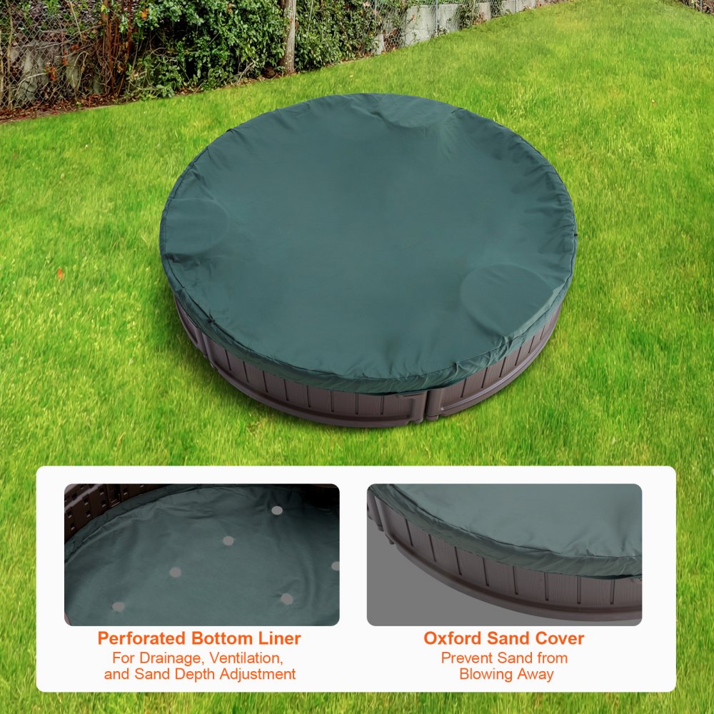 Sandbox with Cover, 47.2 x 9.1 in Round Sand Box, HDPE Sand Pit with 3 Corner Seating and Bottom Liner, Kids Sandbox for Outdoor Backyard, Beach, Park, Gift for Boys Girls Ages 3-12, Brown