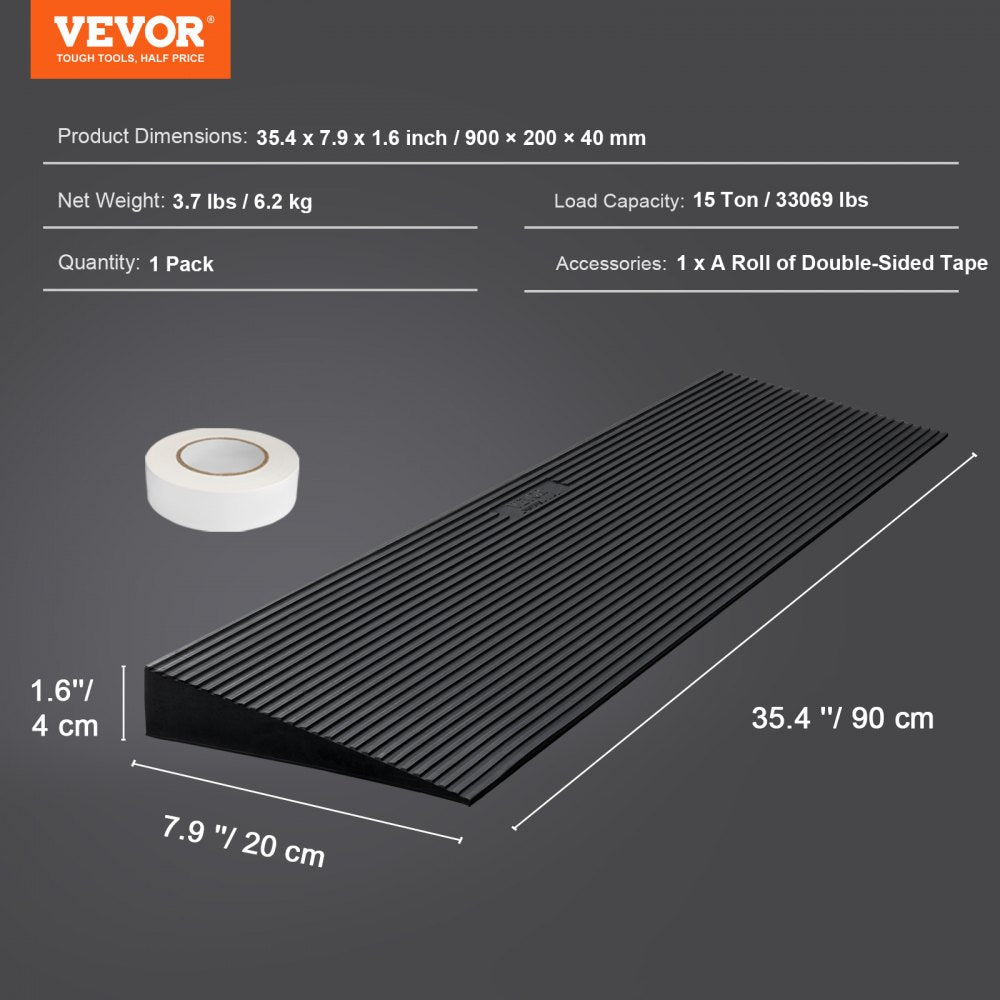 1.6" Rise Cuttable Threshold Ramp for Sweeping Robot, 35.4" Wide Natural Rubber Wheelchair Ramp, Non-Slip Solid Rubber Ramp with Double-Sided Tape for Doorways, Driveways, Bathroom, Smooth Tile