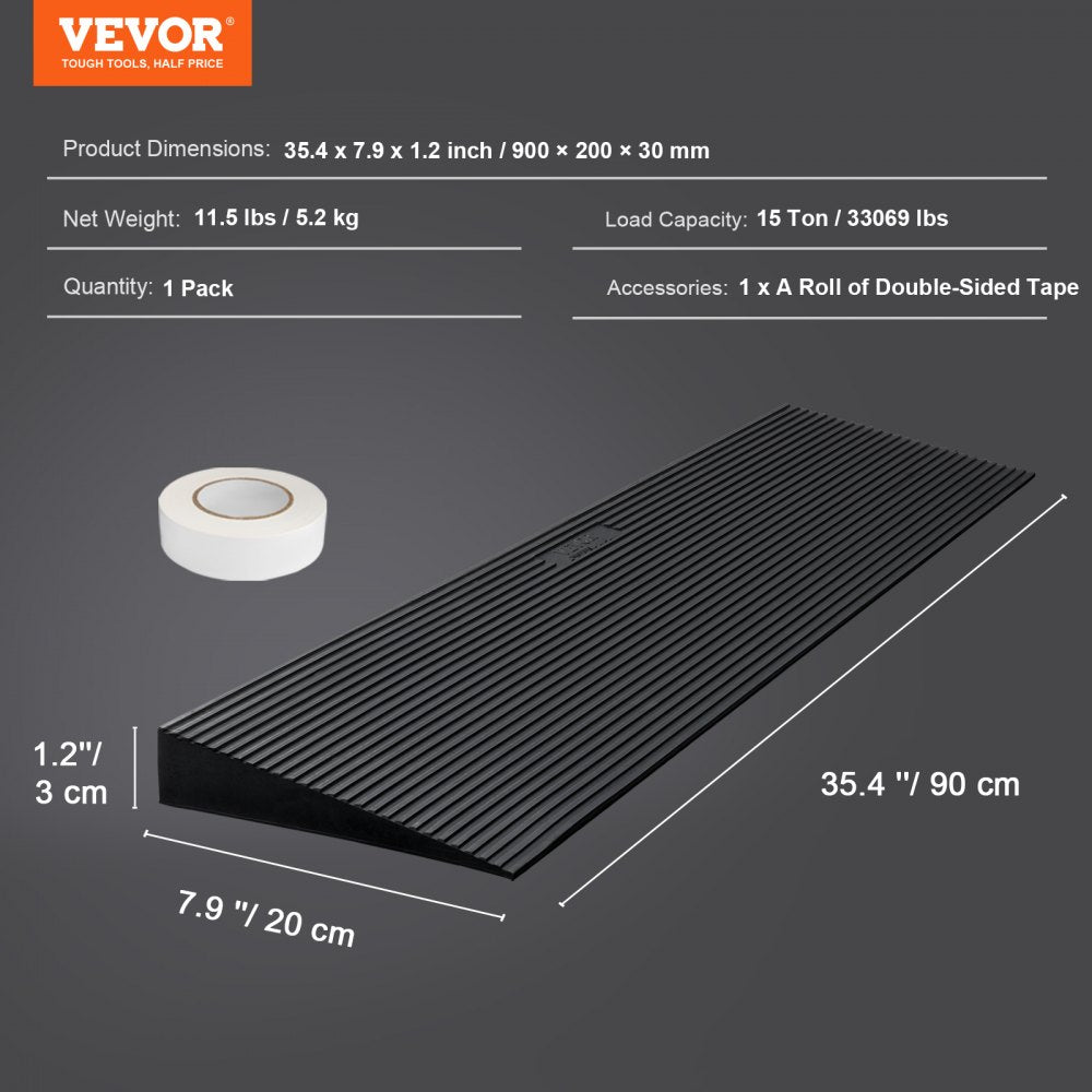 1.2" Rise Cuttable Threshold Ramp for Sweeping Robot, 35.4" Wide Natural Rubber Wheelchair Ramp, Non-Slip Solid Rubber Ramp with Double-Sided Tape for Doorways,Driveways,Bathroom,Smooth Tile
