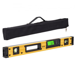 24-inch yellow aluminum magnetic digital torpedo level with green LCD display and black storage case.