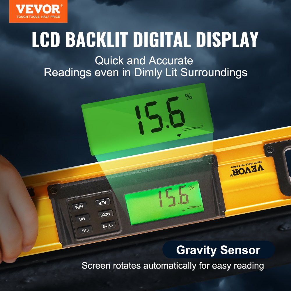 24-inch aluminum magnetic digital torpedo level with backlit LCD display showing 15.6 degrees.