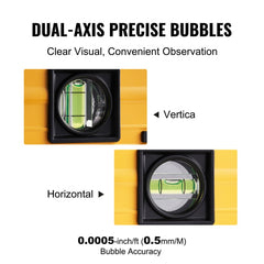 Dual-axis precise bubble level with clear vertical and horizontal vials in a yellow frame, 0.0005-inch accuracy.