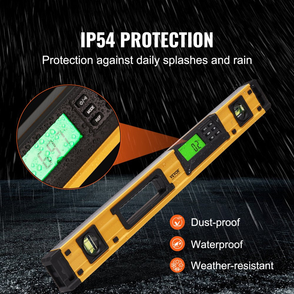 24-inch yellow magnetic digital torpedo level with IP54 protection and green LCD display.