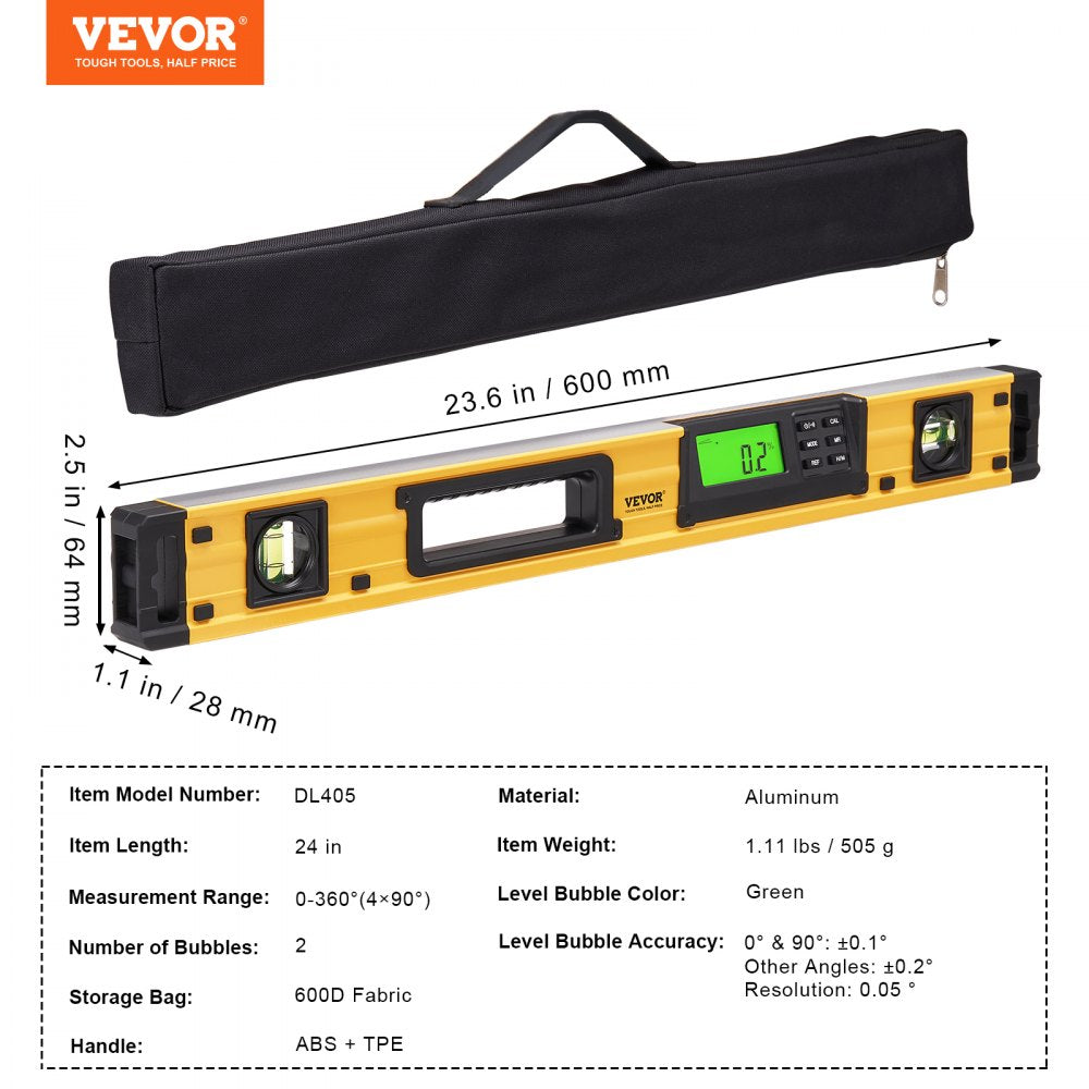 24-inch yellow aluminum magnetic digital torpedo level with 0-360 degree display and storage bag.