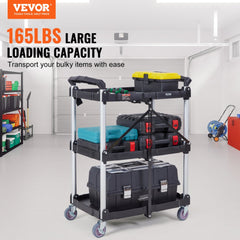 Foldable Utility Service Cart, 3 Shelf 165LBS Heavy Duty Plastic Rolling Cart with Lockable Wheels, Ergonomic Handle, Portable Garage Tool Cart for Warehouse/Office/Home(25.62"x15.43"x32.76")