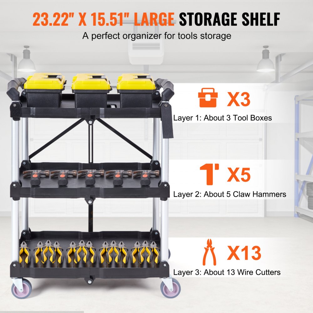 Foldable Utility Service Cart, 3 Shelf 165LBS Heavy Duty Plastic Rolling Cart with Lockable Wheels, Ergonomic Handle, Portable Garage Tool Cart for Warehouse/Office/Home(25.62"x15.43"x32.76")