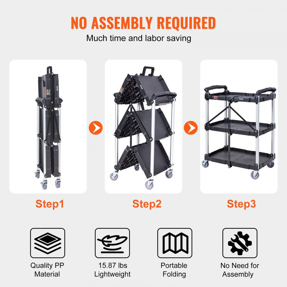 Foldable Utility Service Cart, 3 Shelf 165LBS Heavy Duty Plastic Rolling Cart with Lockable Wheels, Ergonomic Handle, Portable Garage Tool Cart for Warehouse/Office/Home(25.62"x15.43"x32.76")