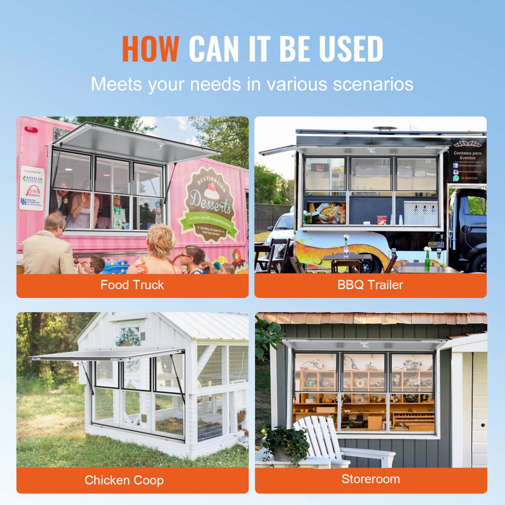 Concession Window 60"x36", Aluminum Alloy Food Truck Service Window with Vertical Lifting Windows & Awning Door & Drag Hook, Up to 85 Degrees Serving Window for Food Trucks Concession Trailers