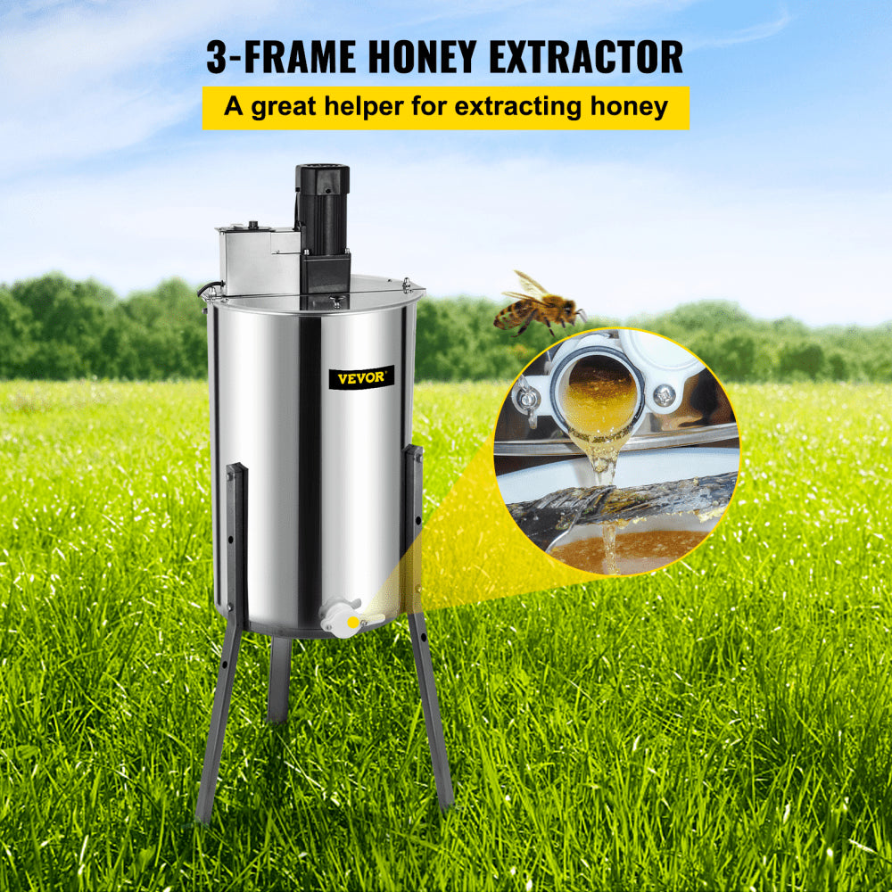 Stainless steel electric honey extractor with three-frame capacity and adjustable legs.