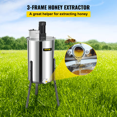 Stainless steel electric honey extractor with three-frame capacity and adjustable legs.