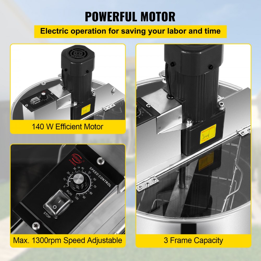 Stainless steel electric honey extractor with 3-frame capacity and adjustable legs.