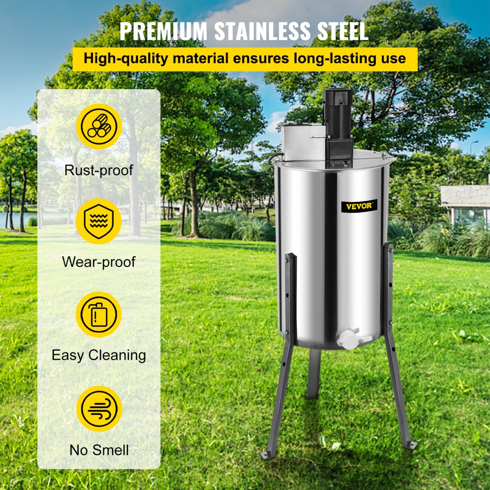 Stainless steel electric honey extractor with three frames and adjustable legs for easy use.