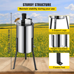 Stainless steel electric honey extractor with 3-frame capacity and adjustable legs.
