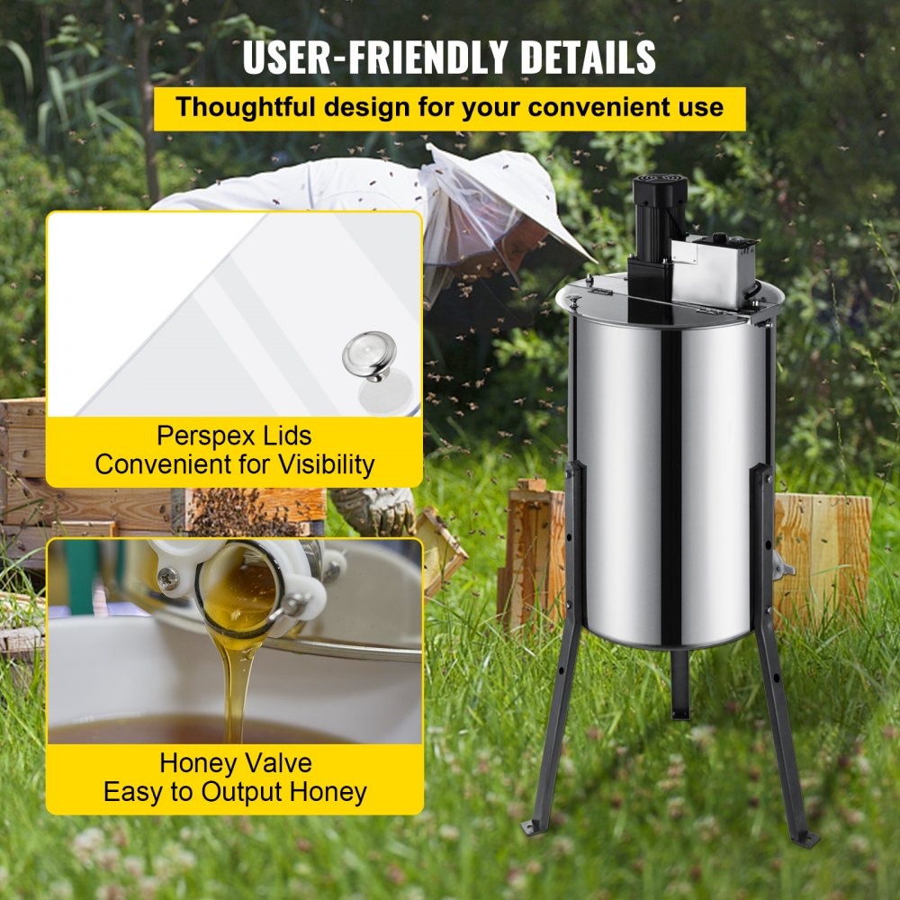 Stainless steel electric honey extractor with three-frame capacity and adjustable legs.
