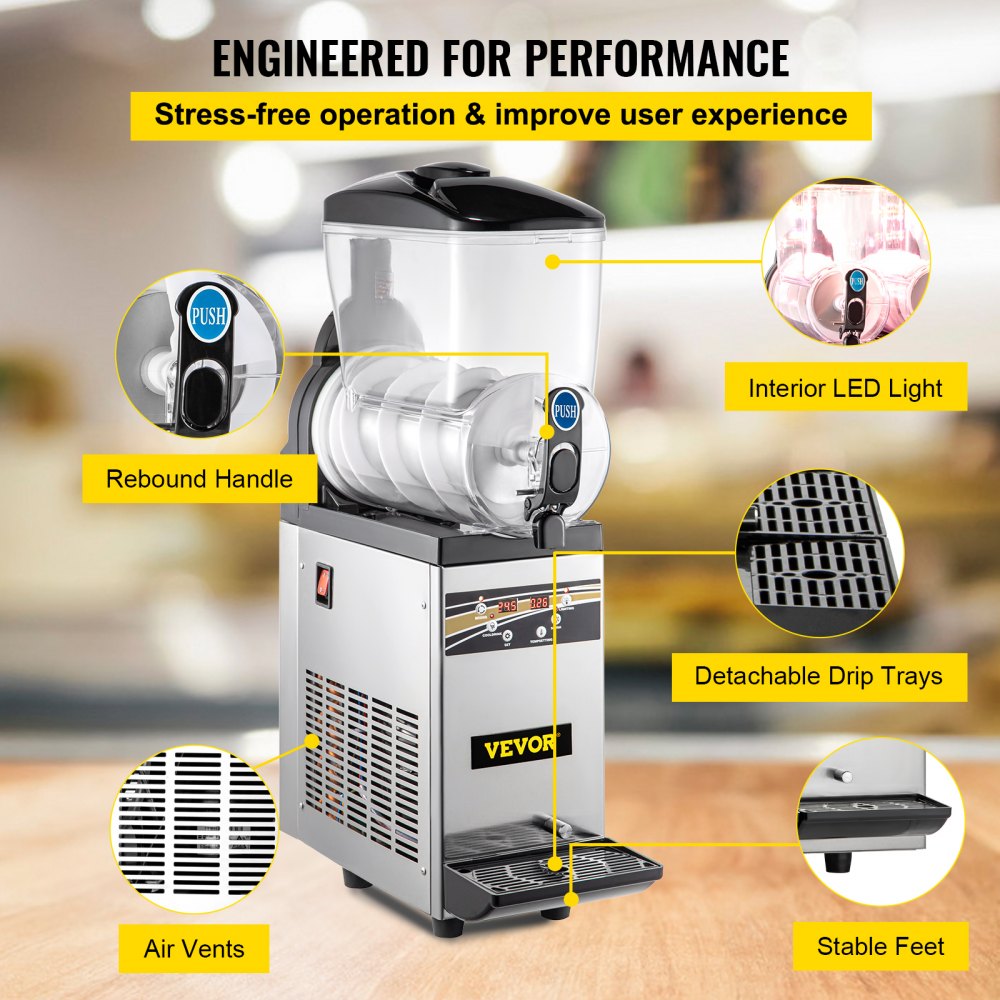 Commercial Margarita Machine, 1Tank 15L Commercial Slushy Machine, Stainless Steel Smoothie Frozen Drink Maker, 500W 110V for Supermarkets Cafes Restaurants Bars Home Use